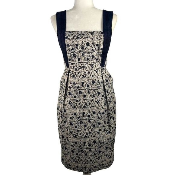 Adam Lippes New w Tags ! Beige & Navy Floral Linen-Cotton Jacquard Sheath Dress - Picture 1 of 13